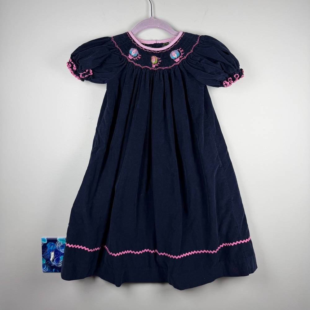 Shrimp & Grits Kids Blue Navy Corduroy Smocked Hot Air Balloon Dress Size 6